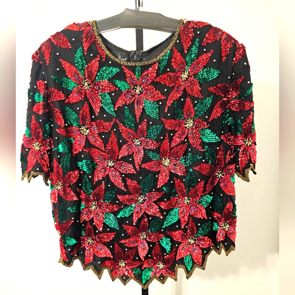 Laurence Kazar Sequin Poinsettia Christmas top Sz 3XL